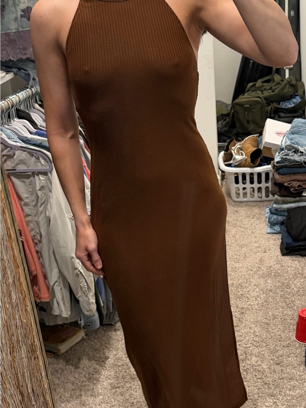 SHEIN Chocolate Brown Backless Ribbed Halter Midi Dress